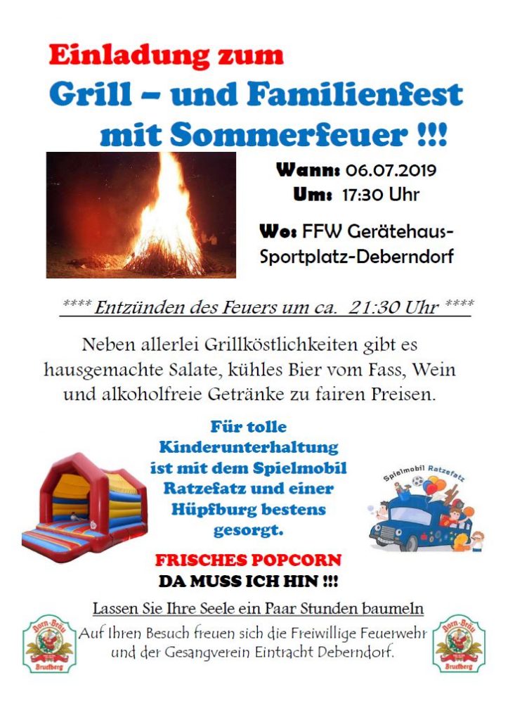 Einladung Zum Grill Und Familienfest Mit Sommerfeuer Freiwillige Feuerwehr Deberndorf